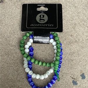 Green, Blue, and White Beaded Bracelet Trio